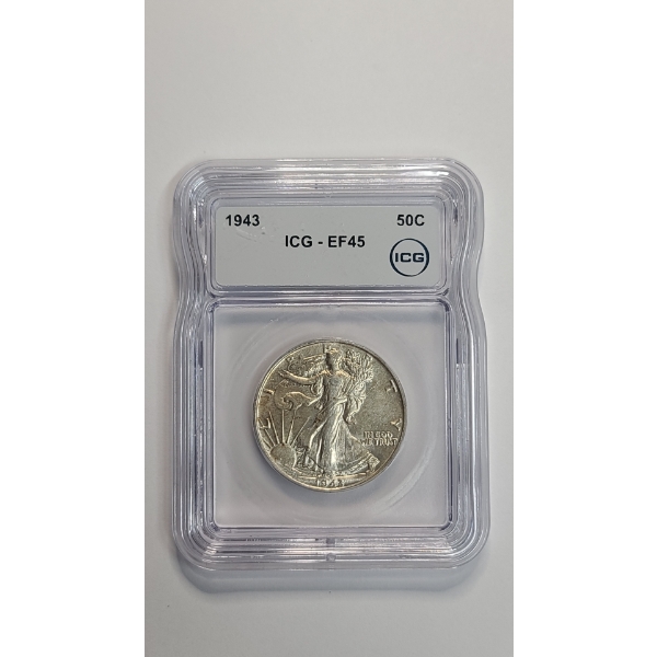 ICG 1943 EF45 90% Silver Walking Liberty Half Dollar