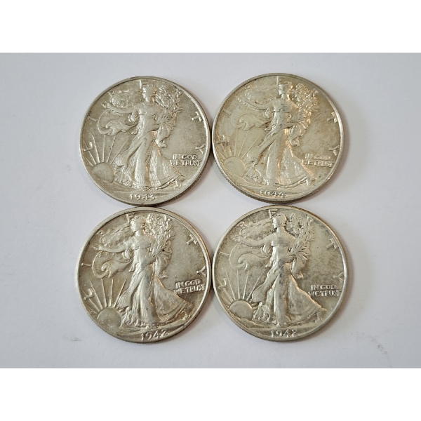Four Assorted Years 90% Silver Walking Liberty Half Dollars - FV: $2.00