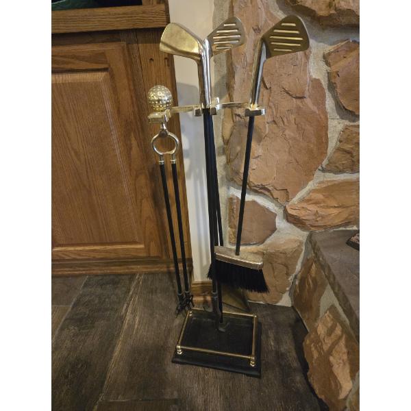 Unique Figural Golf Fireplace Tool Set. Gold Tone. Like New Condition 