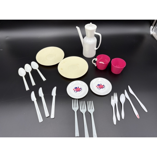 Plastic Toy Kitchenware Set with Plates - Saucers - Teapot - Silverware - One Cup Missing Handle