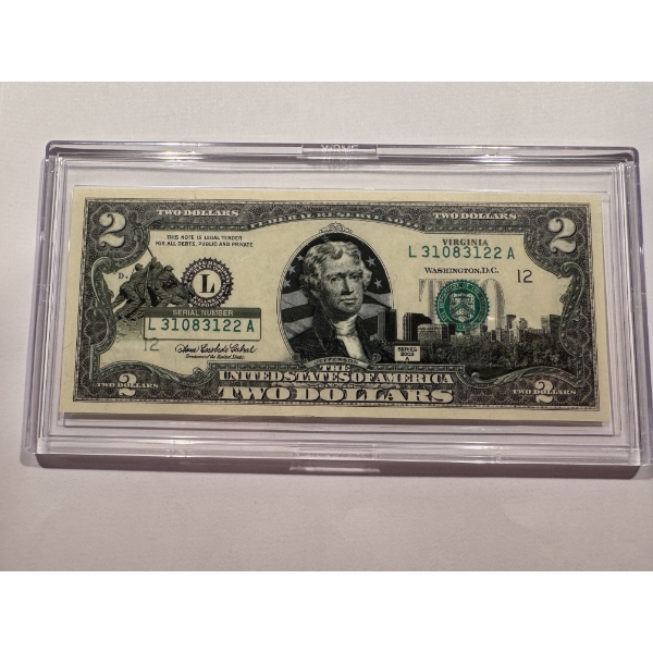 2003 United States Jefferson VIRGINIA $2.00 Bill In Hard Case Holder - Mint Condition - RARE