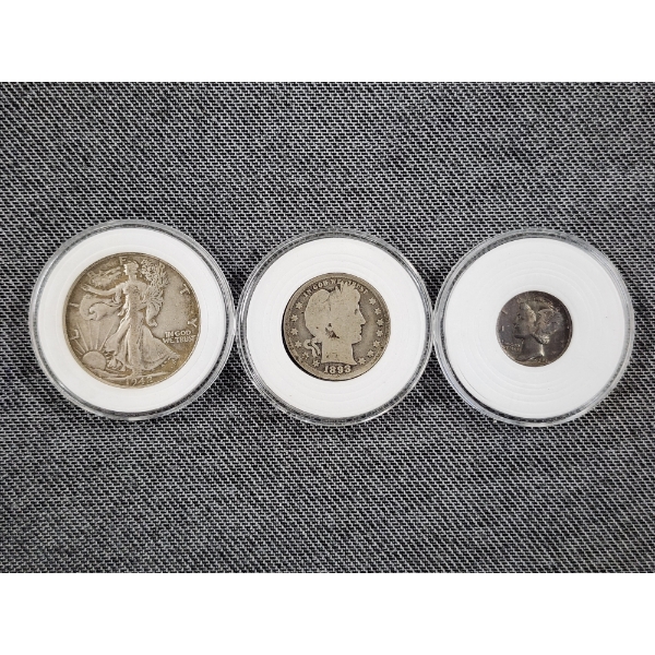 Three United States 90% Silver Coins in Protective Capsules ~ $0.85 Face Value ~ 