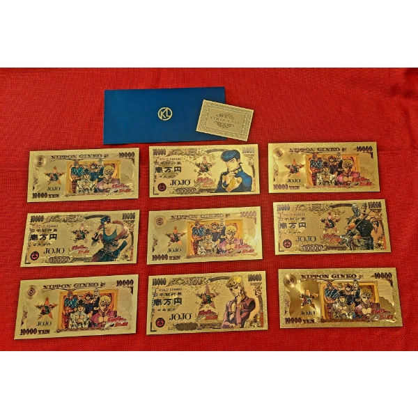 Japanese Anime' - 9 Pc Set of 24k Gold Foil JOJO Nippon Ginko - 10000 Yen Notes (Real Gold Foil)