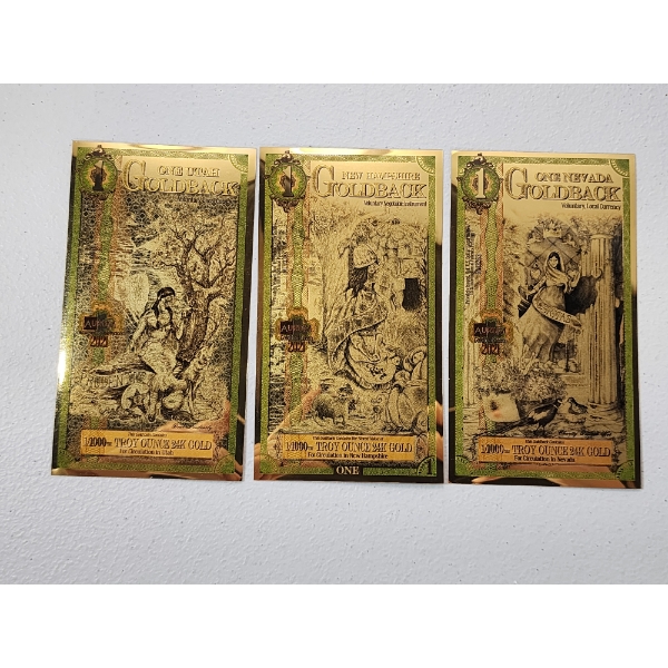 (3) $1 Goldback Notes: Utah, New Hampshire, Nevada - Each 1/1000th Troy Ounce 24K Gold