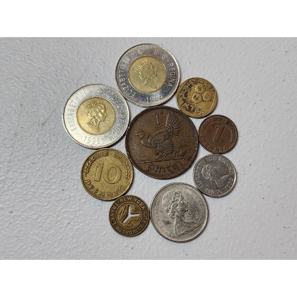 x9 Assorted Foreign Coins: Canada, Ireland, Germany, & More!