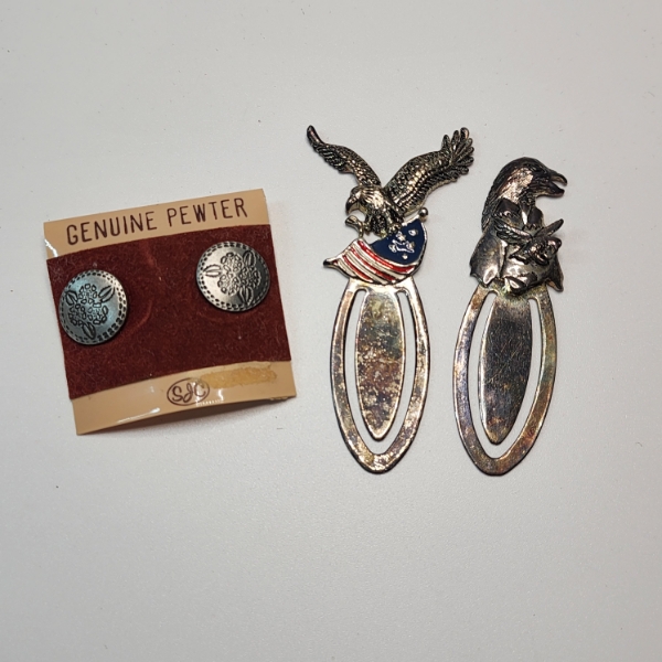Vintage Pewter Items: Floral Earrings, and Two Patriotic Eagle Bookmarks