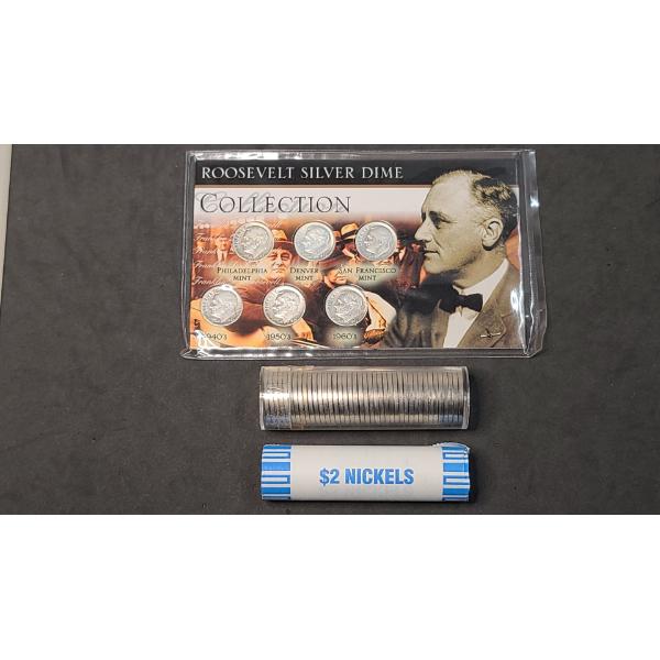 40's-60's Roosevelt Silver Dime Collection & (2) $2 Rolls Of 2005-P 5C Spear Bison Jefferson Nickels