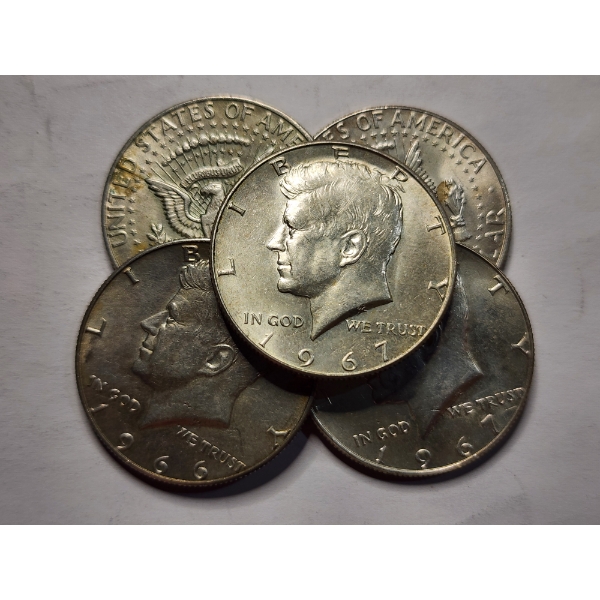 Five 40% Silver Kennedy Half Dollars - $2.50 Face Value