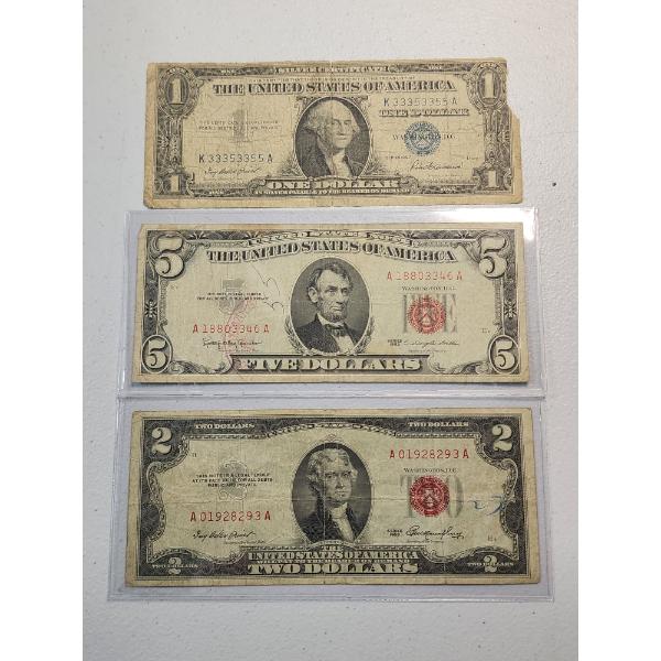 U.S. Paper Money: 1957 Blue Seal $1 Silver Certificate, 1963 Red Seal $5 Note, 1953 Red Seal $2 Note