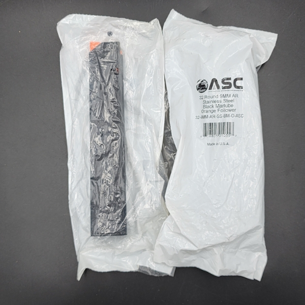 TWO ASC 32-Round 9MM AR Stainless Steel Black Marlube Orange Follower Magazines - NEW!