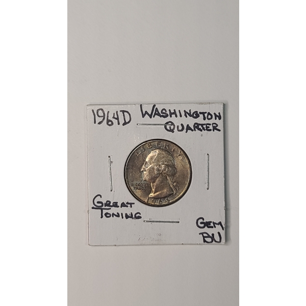 United States 1964-D Washington 90% Silver Quarter - Toned