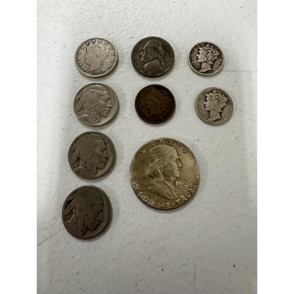 Small Coin Collection Including Silver Half Dollar, Mercury Dimes, Silver War Nickel & Others