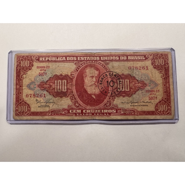 1967 Republic of Brazil Stamped 10 Centavos Bank Note In Holder - Incredible Note