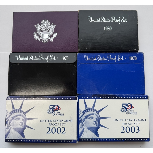 United States Assorted Proof Sets - 1980, 1984, 1973, 1970, 2002, 2003