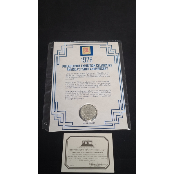 1926-P Silver Peace Dollar in First Commemorative Mint Display With Stamp