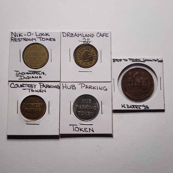 Five Assorted Tokens Ft. Parking & Restroom Tokens, 1938 Safety Coin & Dreamland Cafe Coin!