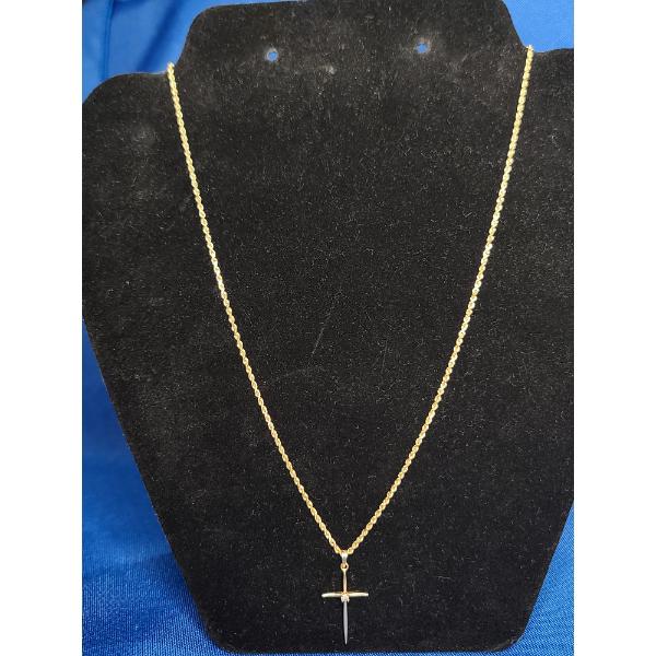 14K Gold Cross Pendant With Clear Stone On 14K Gold Rope Necklace - Total Weight: 4.6g