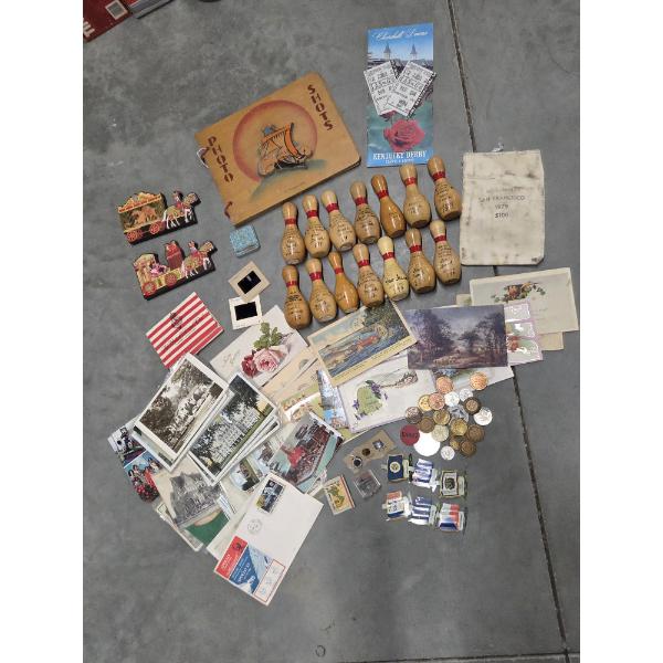 Vintage Collectables Including Mini Wood Bowling Pins, Post Cards, Coins, Pins, Photo Book & More