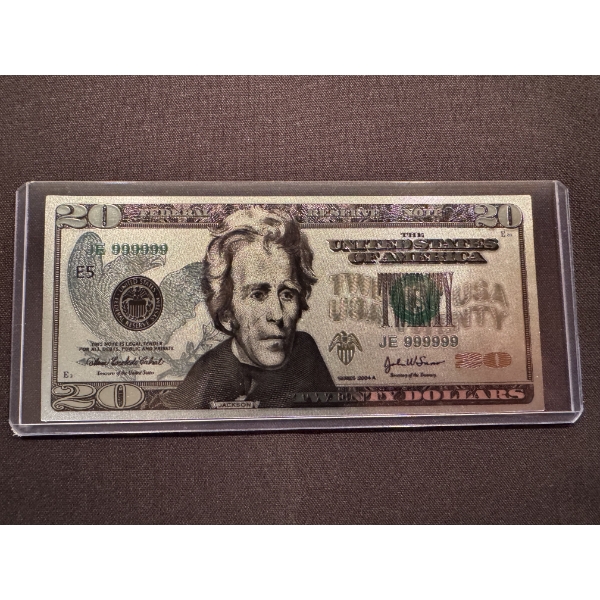 Incredible $20.00 Andrew Jackson .99999 Silver Foil Note In Protective Holder - Mint Condition