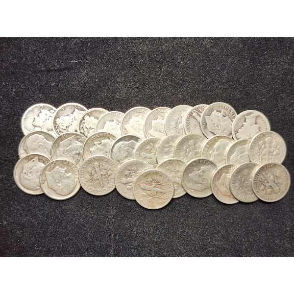 $3 Face Value in Assorted 90% Silver Dimes - Mercury & Roosevelt Dimes