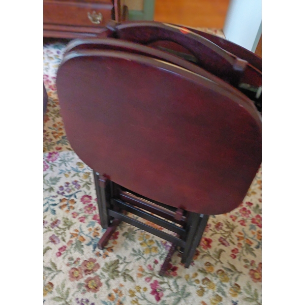 Group Of 4 Wooden Mahogany Folding TV Trays With Rack AS Shown