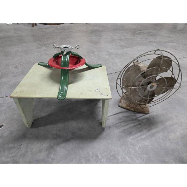   Interesting Vintage Handmade Stool Christmas Tree Holder And GE Table Fan 