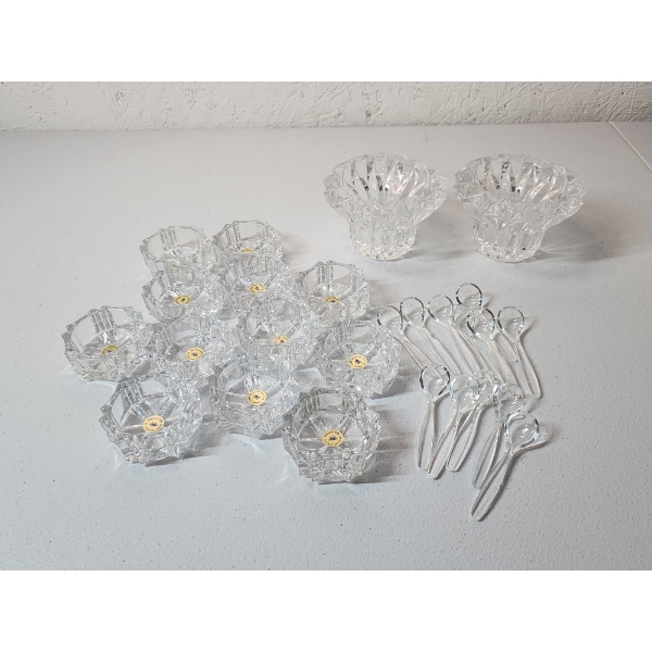 Set of 12 Lead Crystal Glass Salt Cellars with Spoons & 2 Crystal Candle Holders