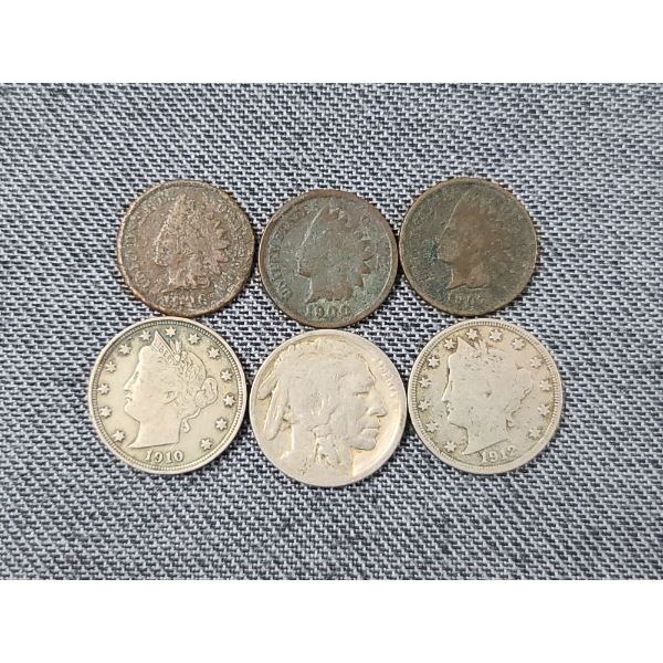 Lot of 6 Asstd United States Coins - 3 Indian Head Pennies, 2 "V" Nickels & 1 Buffalo Nickel