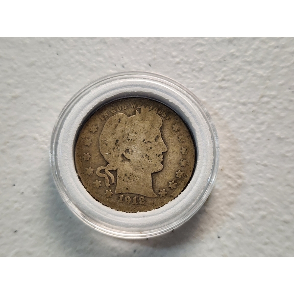 1912-S United States 90% Silver Barber Quarter in Capsule