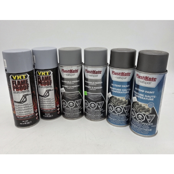 Six Brand New 11oz Spray Cans- 2 VHT High Temp Flat Gray, 2 Gray Sandable Primer, & 2 Valspar High T