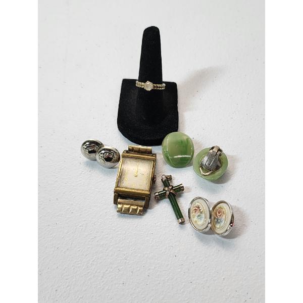 Costume Jewelry: Jade-Colored Stone Earrings and Cross Pendant, Floral Earrings, Watch Face, Ring 