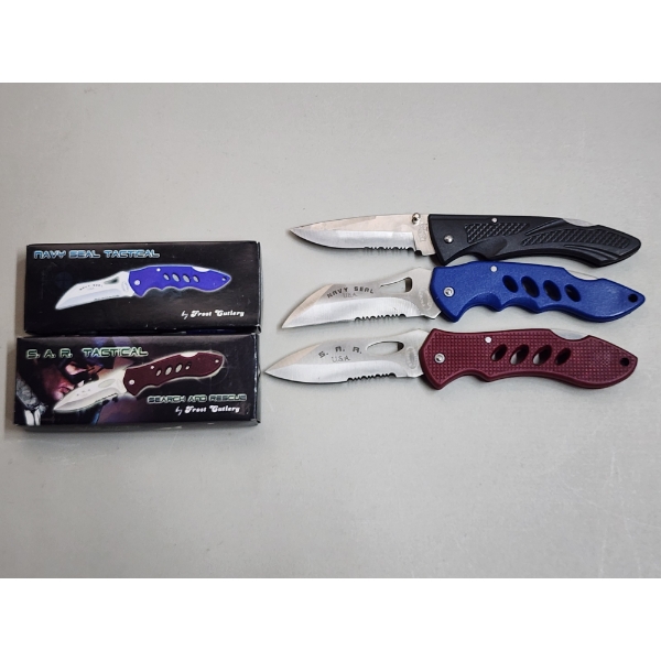 3 - Folding Pocket Knives Including 2 Brand New in Box Frost Cutlery S.A.R. & Navy Seal Tactical