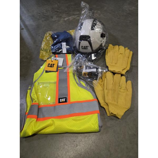 All Brand New- CAT Hardhat, Liner, Two Pair Gloves, Sunglasses, & XL Hi-Vis Vest