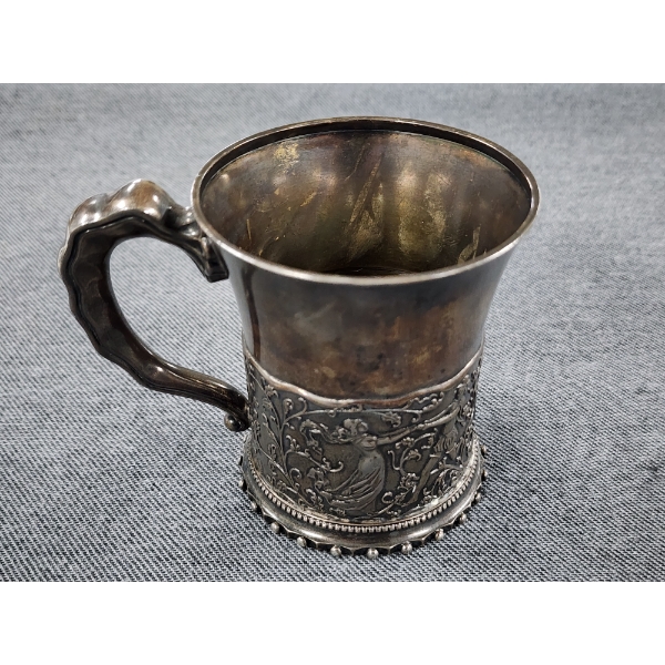 Antique Ornate Sterling Silver Cup With Wonderful Depiction On Side Weighing 224 Grams