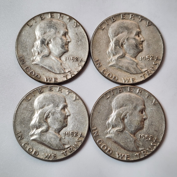 Four 1952 United States 90% Silver Franklin Half Dollars - FV: $2.00