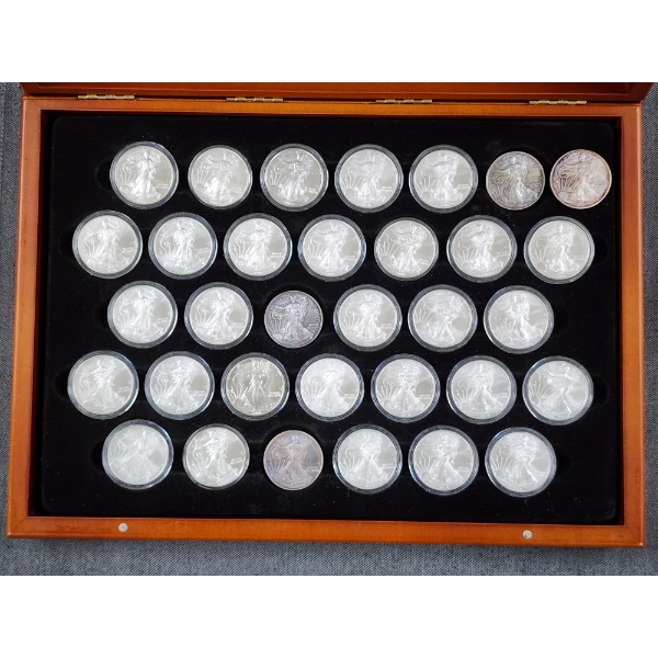 INCREDIBLE 33 Count 1 Oz Silver American Eagles With Nice Display Wooden Case