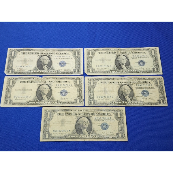 x5 United States $1 Blue Seal Silver Certificates FV: $5.00