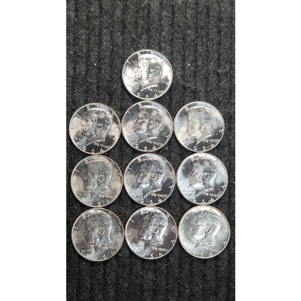 (10) 1964 90% Silver Silver Kennedy Half Dollars Face Value: $5