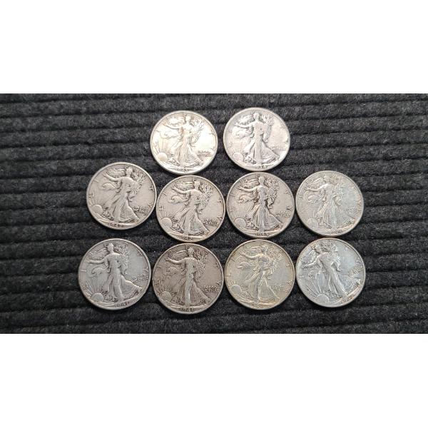 (10) Assorted Years Walking Liberty 90% Silver Half Dollars Face Value: $5.00