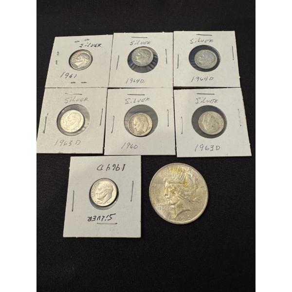1923 United States Peace Silver Dollar Plus 7 U.S. Silver Dimes - Great Opportunity!!