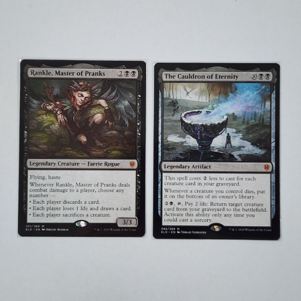 Two 2019 Mythic Rare Black MTG Trading Cards ~ Rankle, Master of Pranks & Cauldron of Eternity 