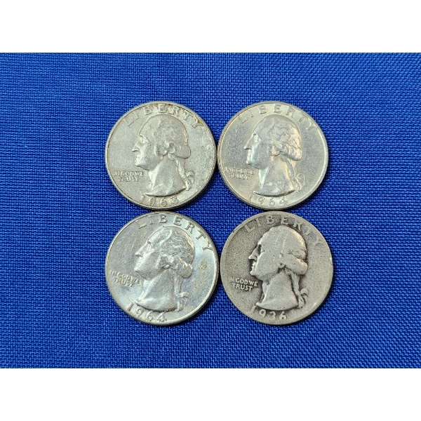 Four Assorted Years Silver Washington Quarters - 90% U.S. Silver - FV: $1.00