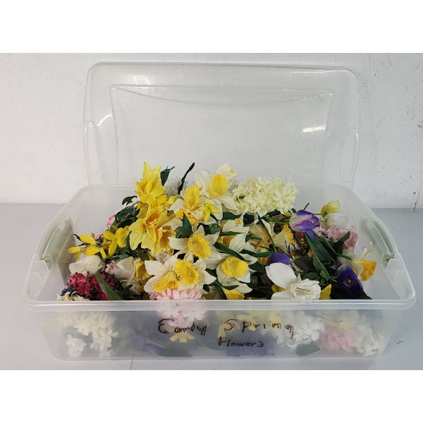 Lot of Assorted Spring Faux Flowers in Included Storage Bin