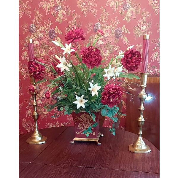 3 Pc Brass & Floral Group - Home Decor As Shown - Nice Condition 19" Tall