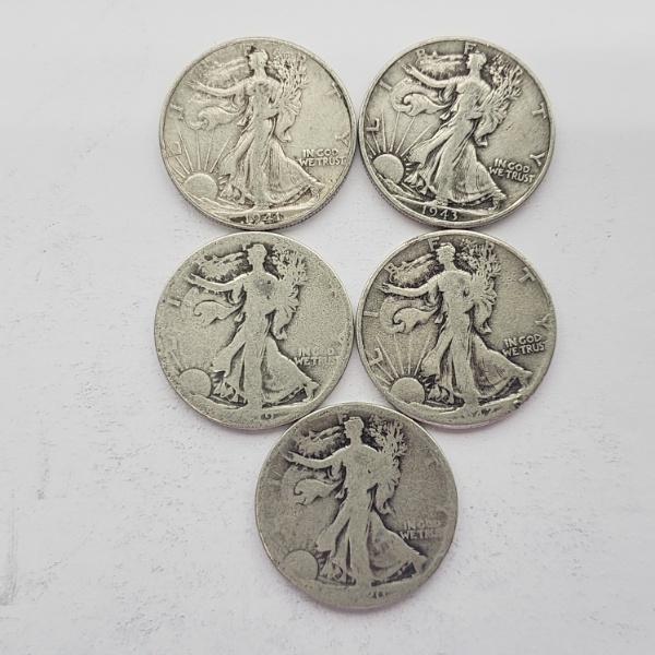 Five Assorted Years Walking Liberty Half Dollars - 90% Silver - FV: $2.50