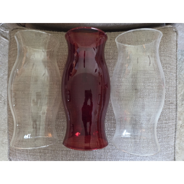 PICKUP IN CANTON - Two Clear, One Red 11.5'' x 5'' Glass Hurricanes 