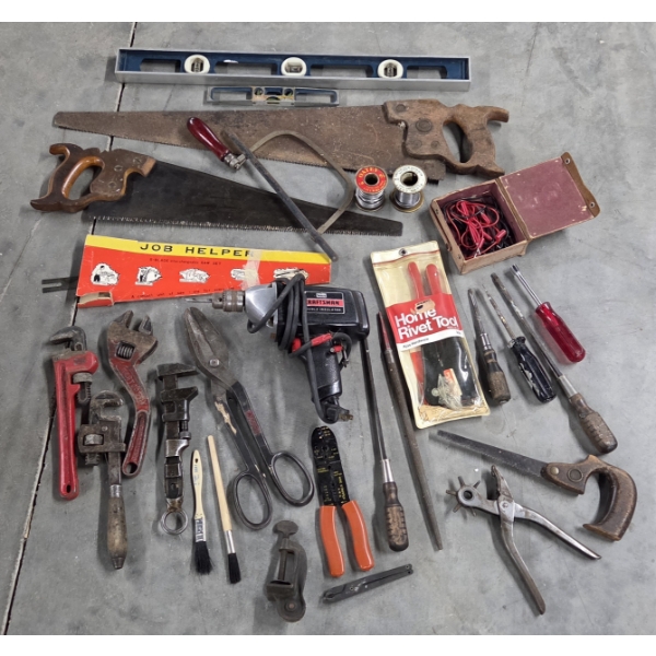 Tool Collection Including Craftsman Corded Drill, Saws, Wrenches, Levels, Rivet Tools & More
