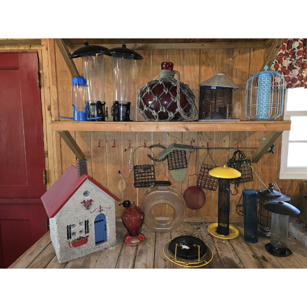 Bird Feeders, Big Red Glass Bottle in Rope Hanger - House Bird House is Cement