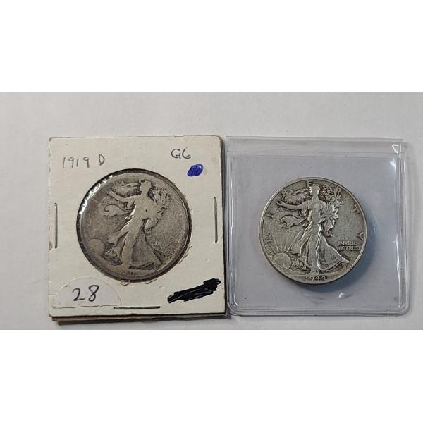 United States 1919-D & 1944 Walking Liberty 90% Silver Half Dollars - Face Value: $1.00