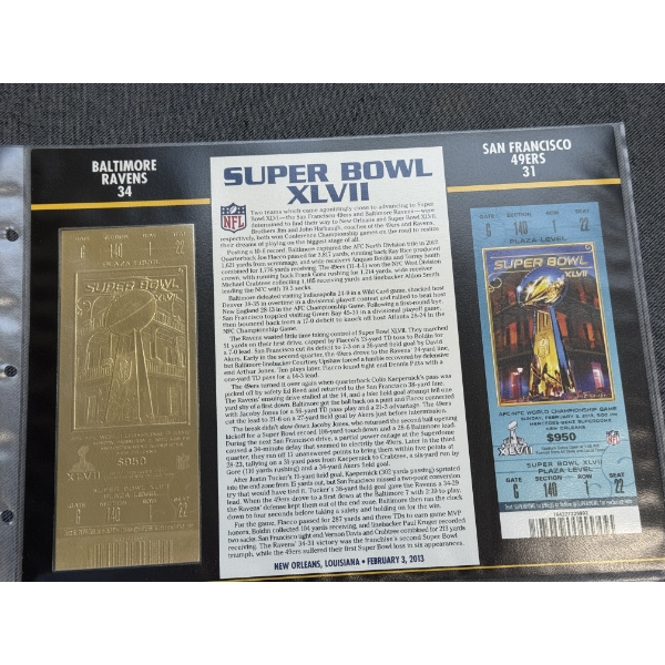 Authentic 2013 Super Bowl XLVII NFL Football Ticket & 24K Gold Plated Ticket - Mint Condition